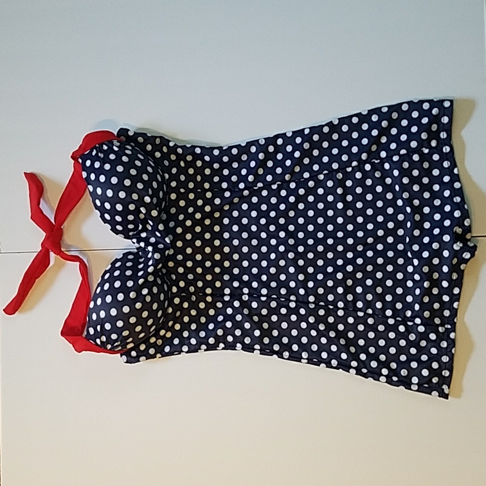 Retro Pinup Style Polka Dot One Piece Swim Suit with Red Halter Ties.